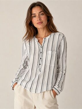 Lucky Brand White and Black Stripe Long Sleeve Blouse Women's Size Large
